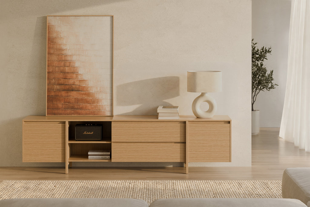 240-drawer Pacific oak TV stand