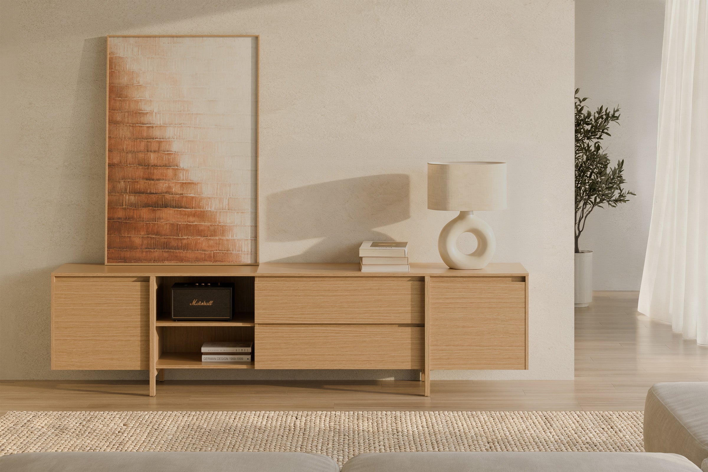 240-drawer Pacific oak TV stand