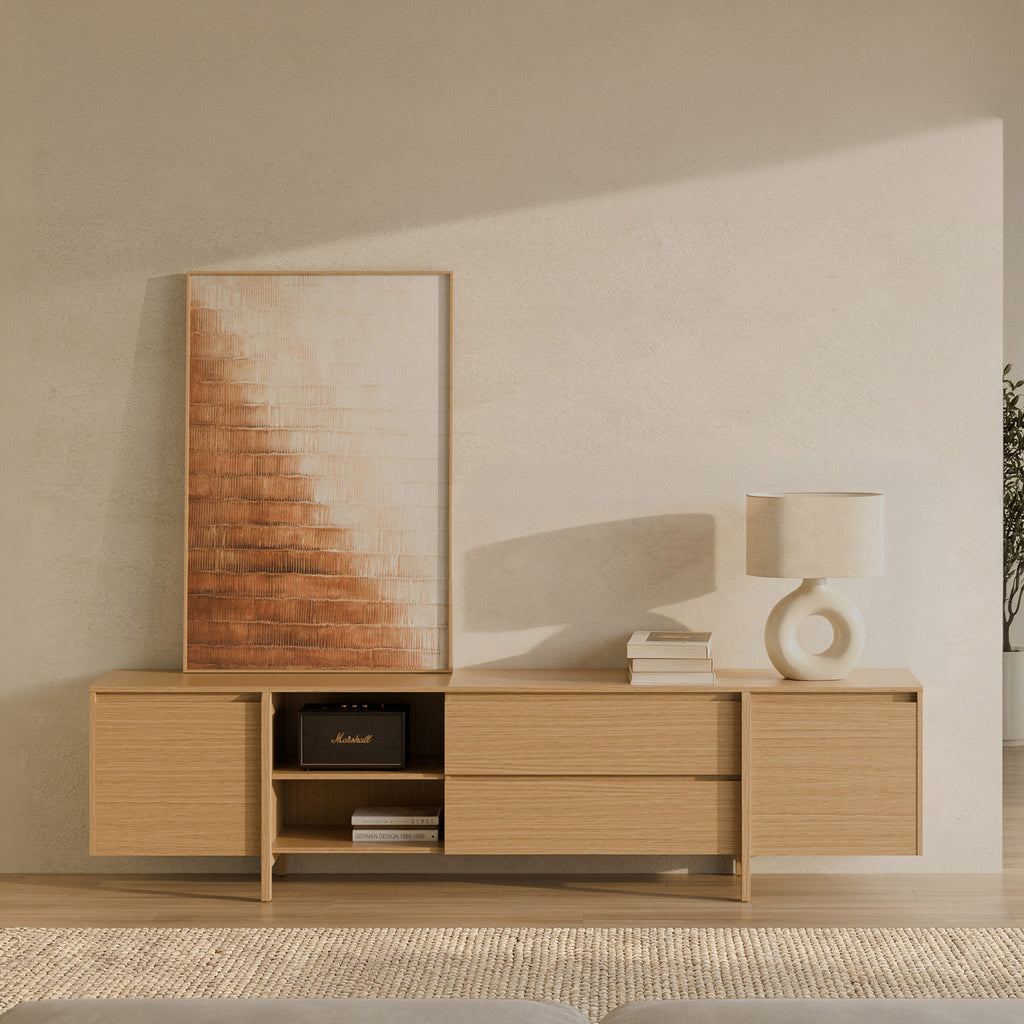 240-drawer Pacific oak TV stand