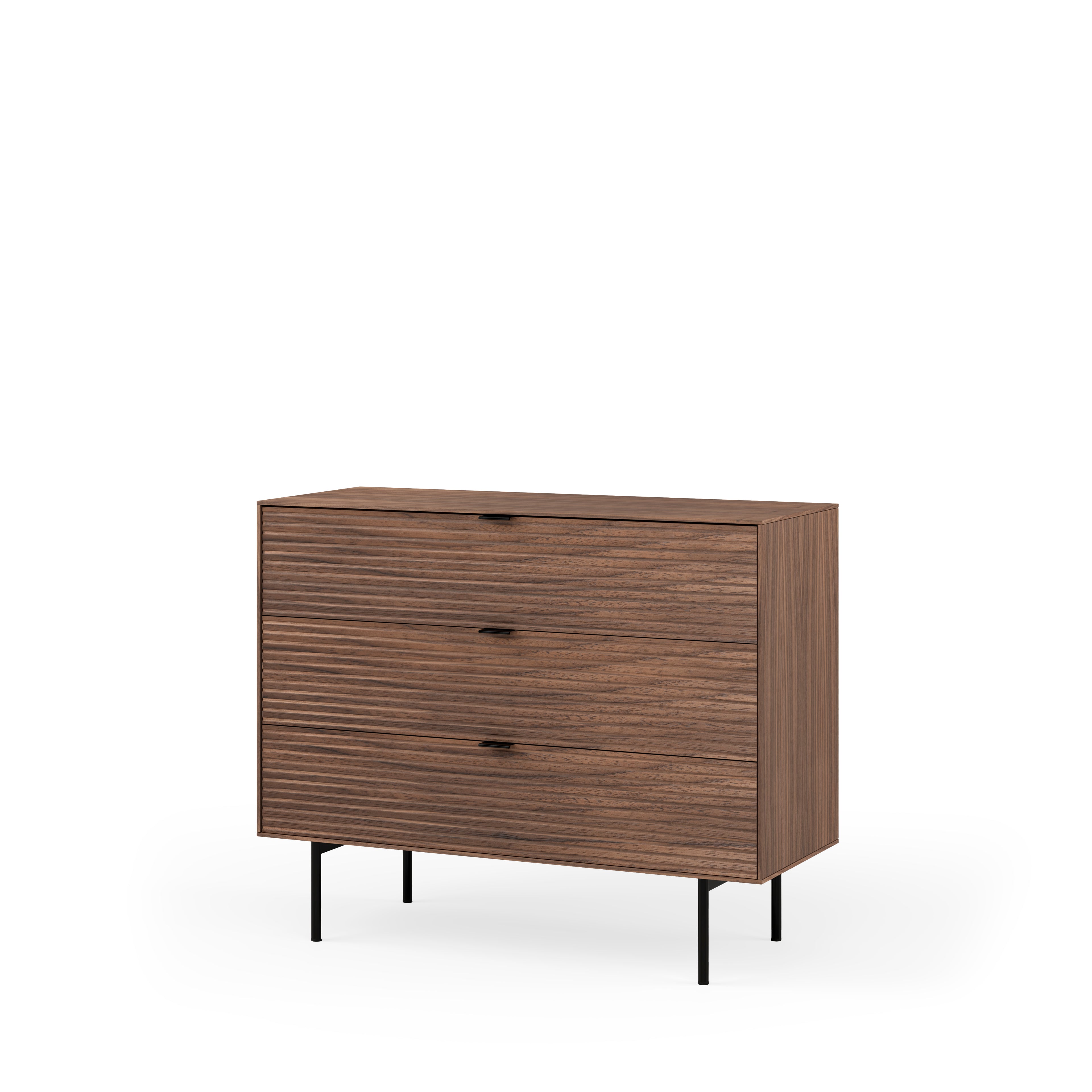 3-drawer Tulsa walnut chest with metal legs