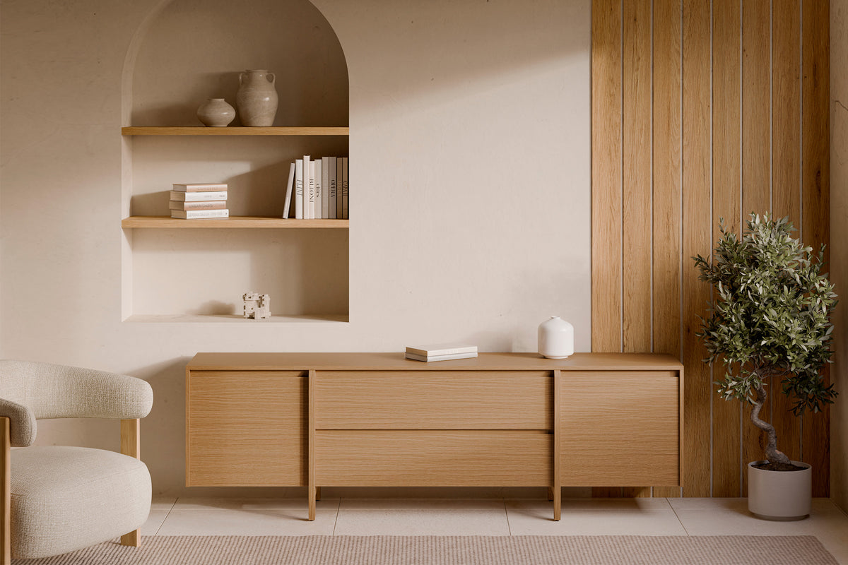 Pacific oak TV stand with 200 doors/drawers