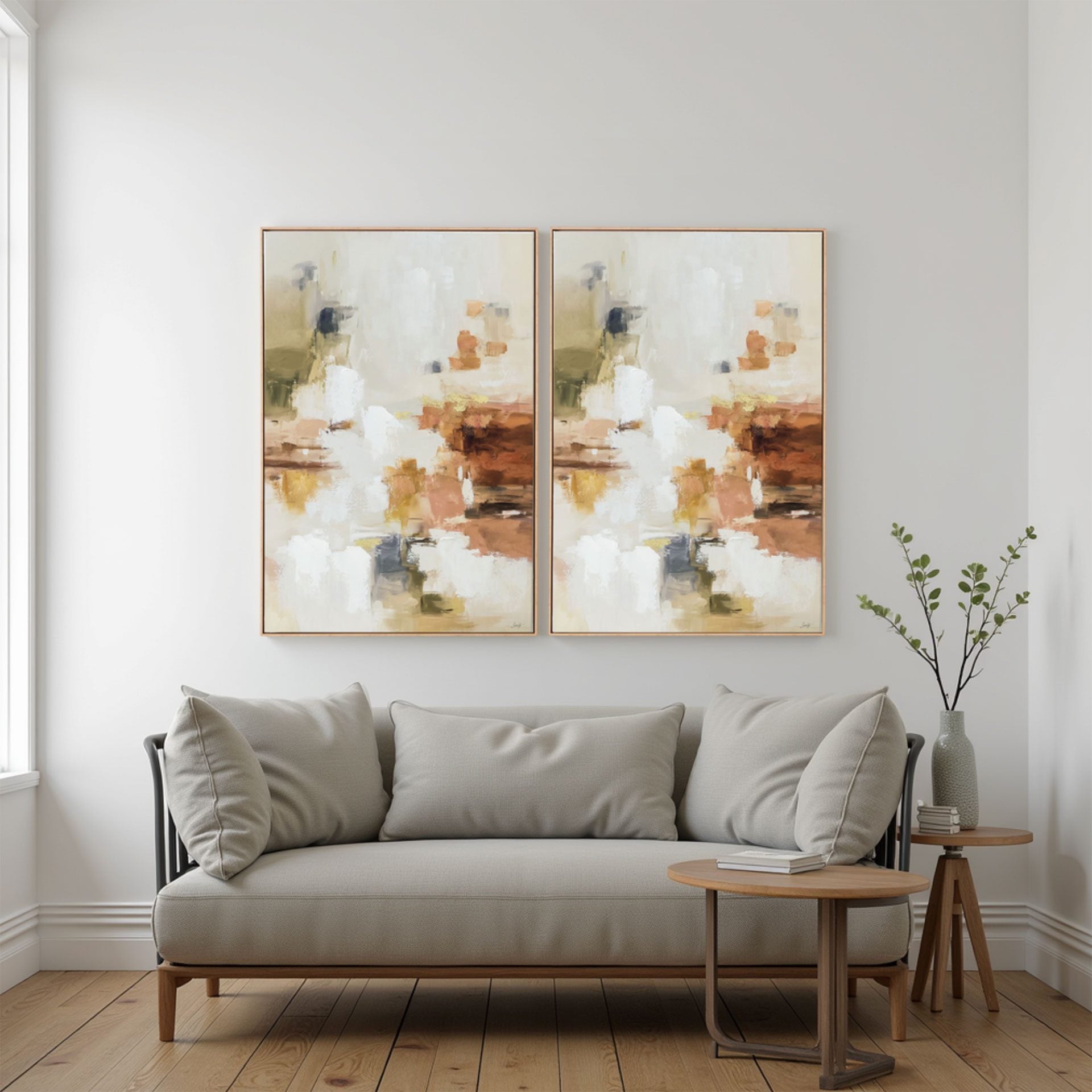 Conjunto 2 quadros óleo, moldura carvalho