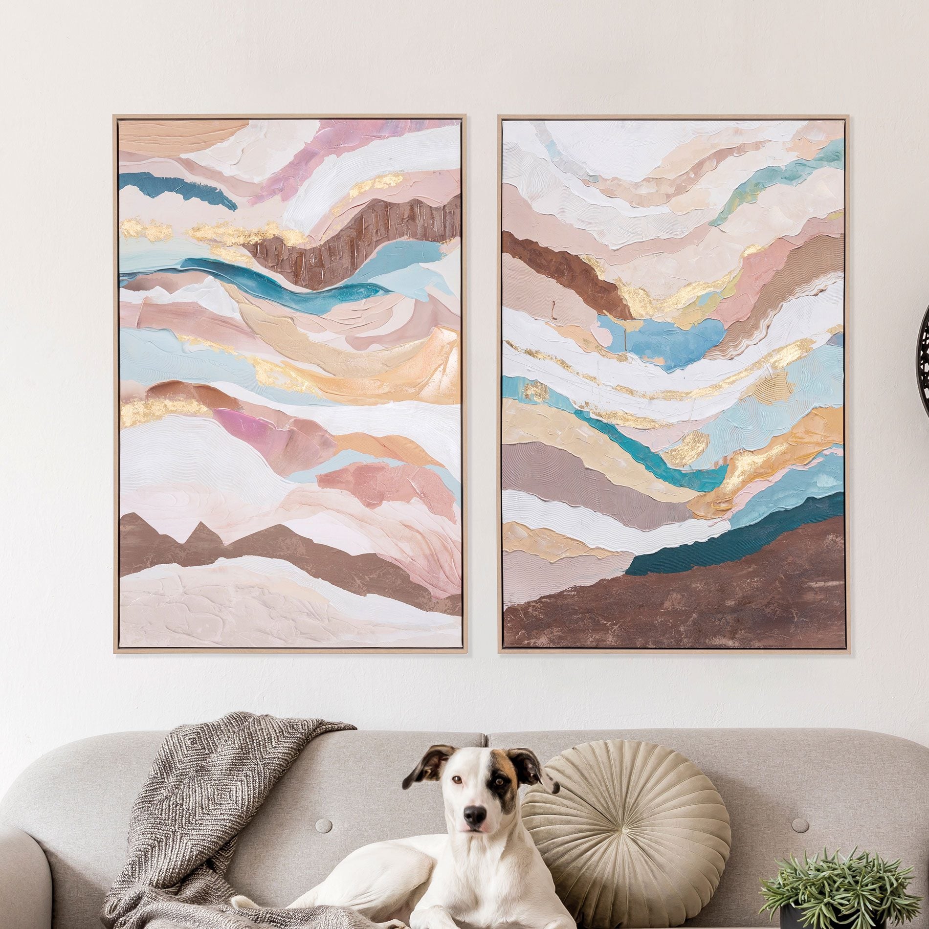 Conjunto 2 quadros óleo, abstrato terra e pastel