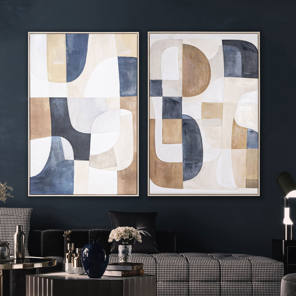 Conjunto 2 quadros óleo, geométrico azul e terra