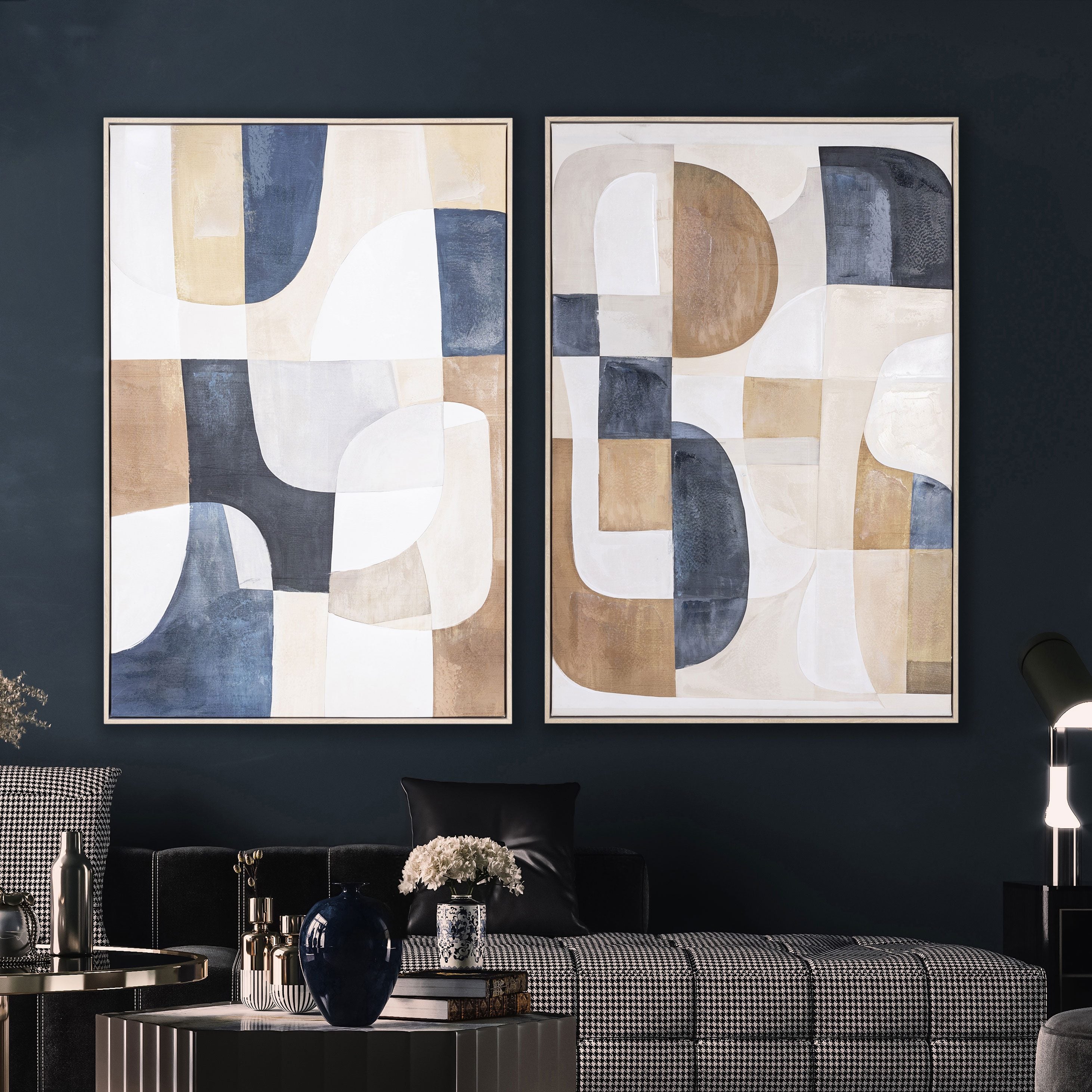 Conjunto 2 quadros óleo, geométrico azul e terra