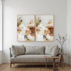 Conjunto 2 quadros óleo, moldura carvalho, detalhe