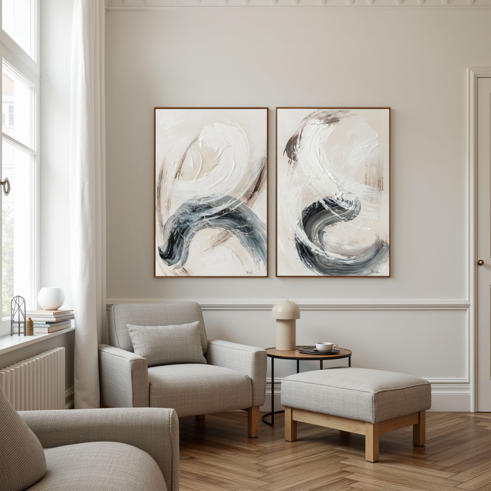 Conjunto 2 quadros óleo, moldura nogueira